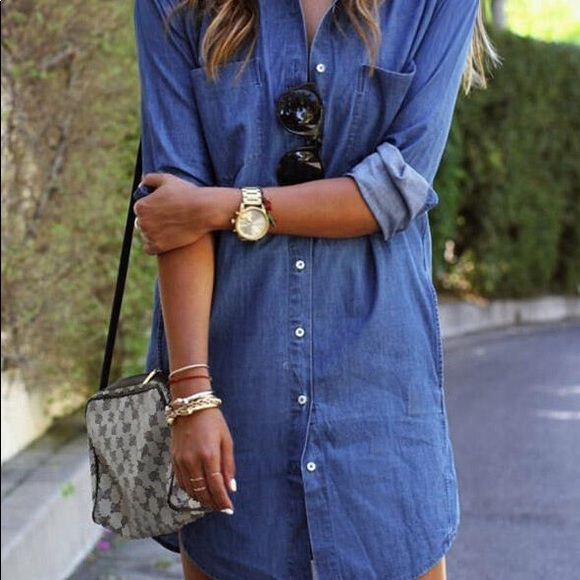 Bellelily Dresses & Skirts - Denim Pocket Button Asymmetric Mini Dress - Blue